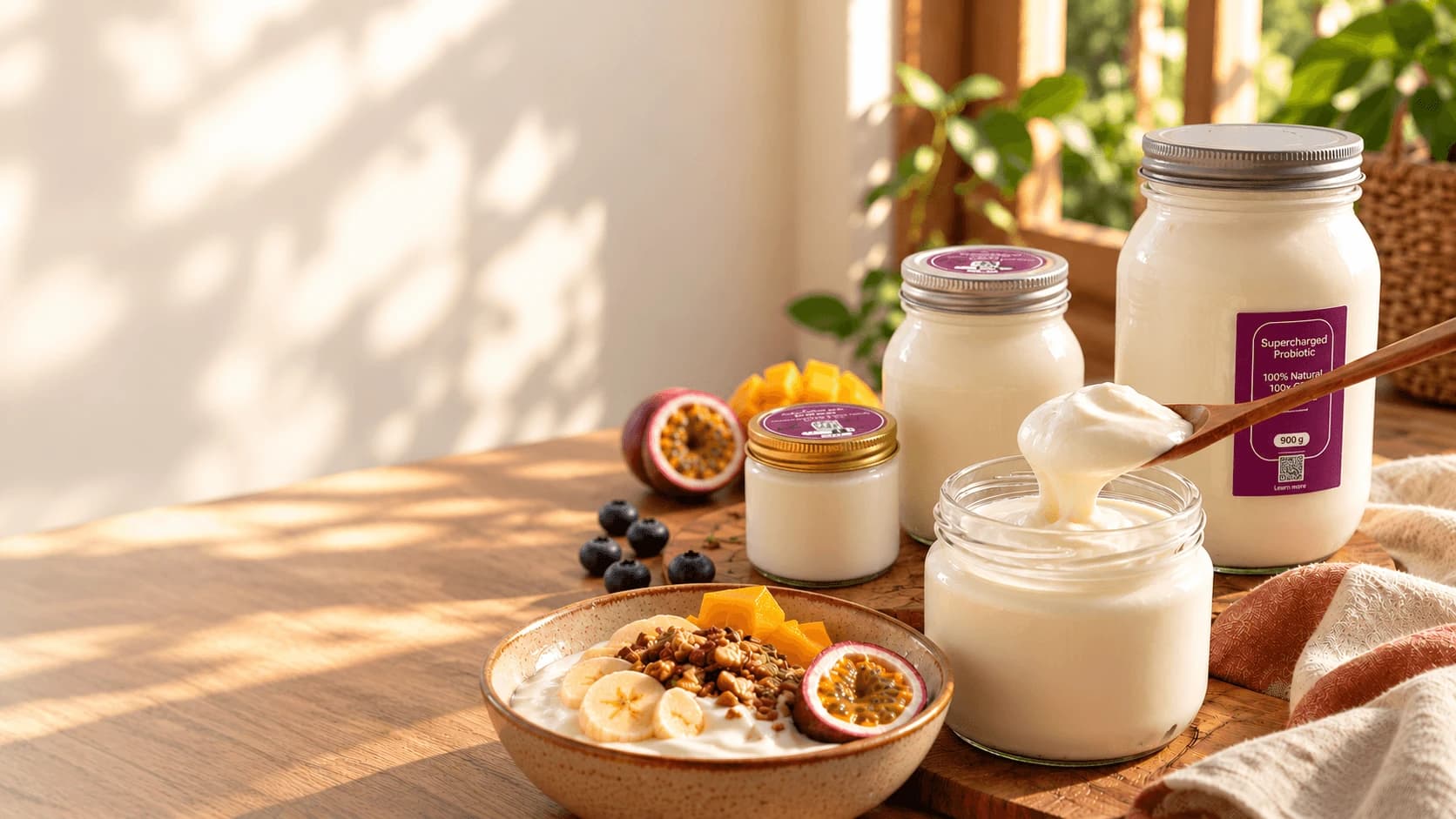 Jars of Bacilibloom probiotic yogurt on a sunlit wooden table, with a spoonful of thick yogurt and a bowl topped with banana, mango, passion fruit and granola