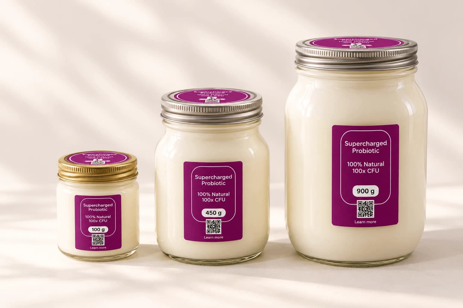 Bacilibloom yogurt jars in three sizes side by side: 100g, 450g and 900g
